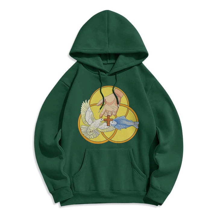 Christianartworkshop Farbiger Stil Das Kreuz-Emblem der Heiligen Dreifaltigkeit Fleece-gefütterter Polyester-Kapuzenpullover