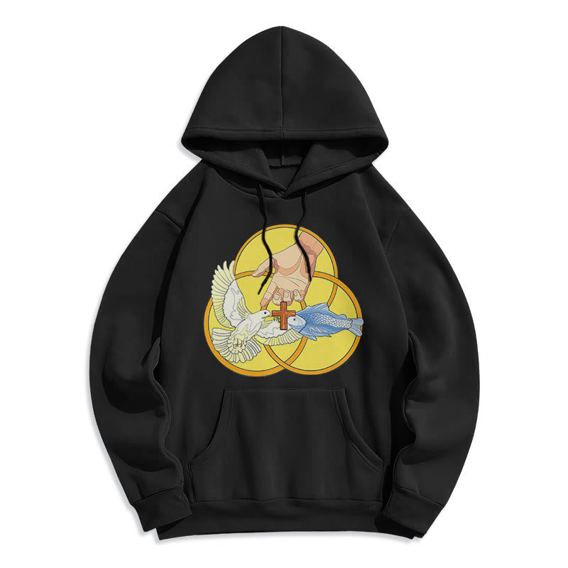 Christianartworkshop Farbiger Stil Das Kreuz-Emblem der Heiligen Dreifaltigkeit Fleece-gefütterter Polyester-Kapuzenpullover - Schwarz - 2XL - image 5