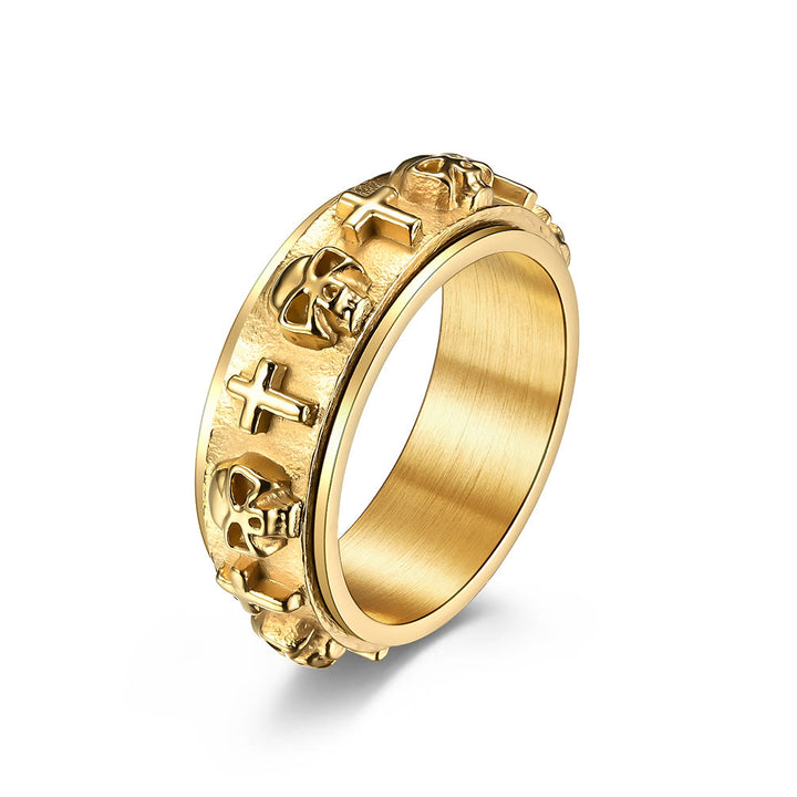 Christianartworkshop Moderner Ring mit Totenkopf-Kreuz und Spinner aus Titanstahl