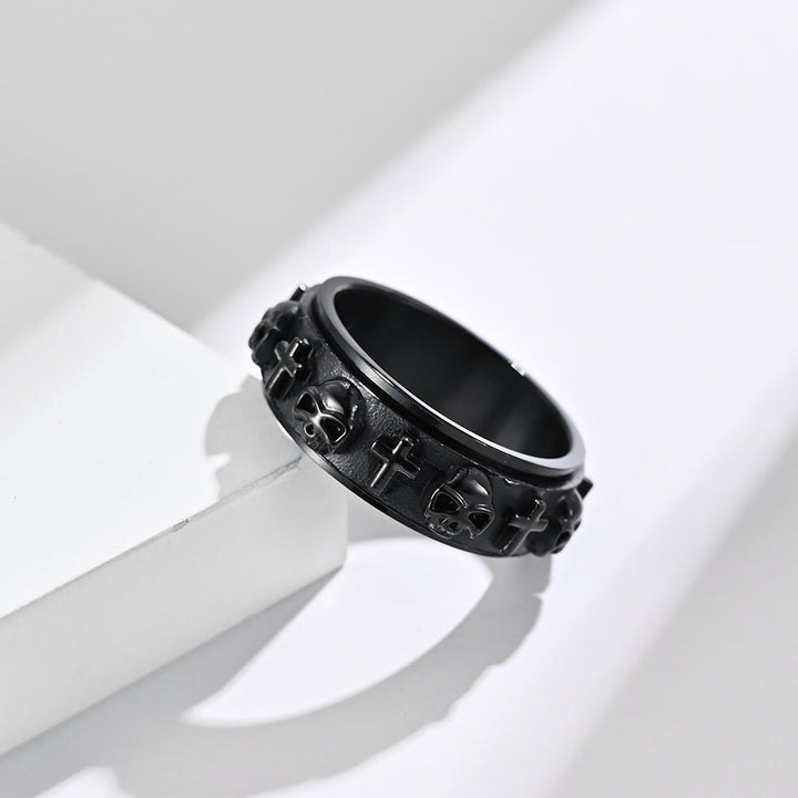 Christianartworkshop Moderner Ring mit Totenkopf-Kreuz und Spinner aus Titanstahl