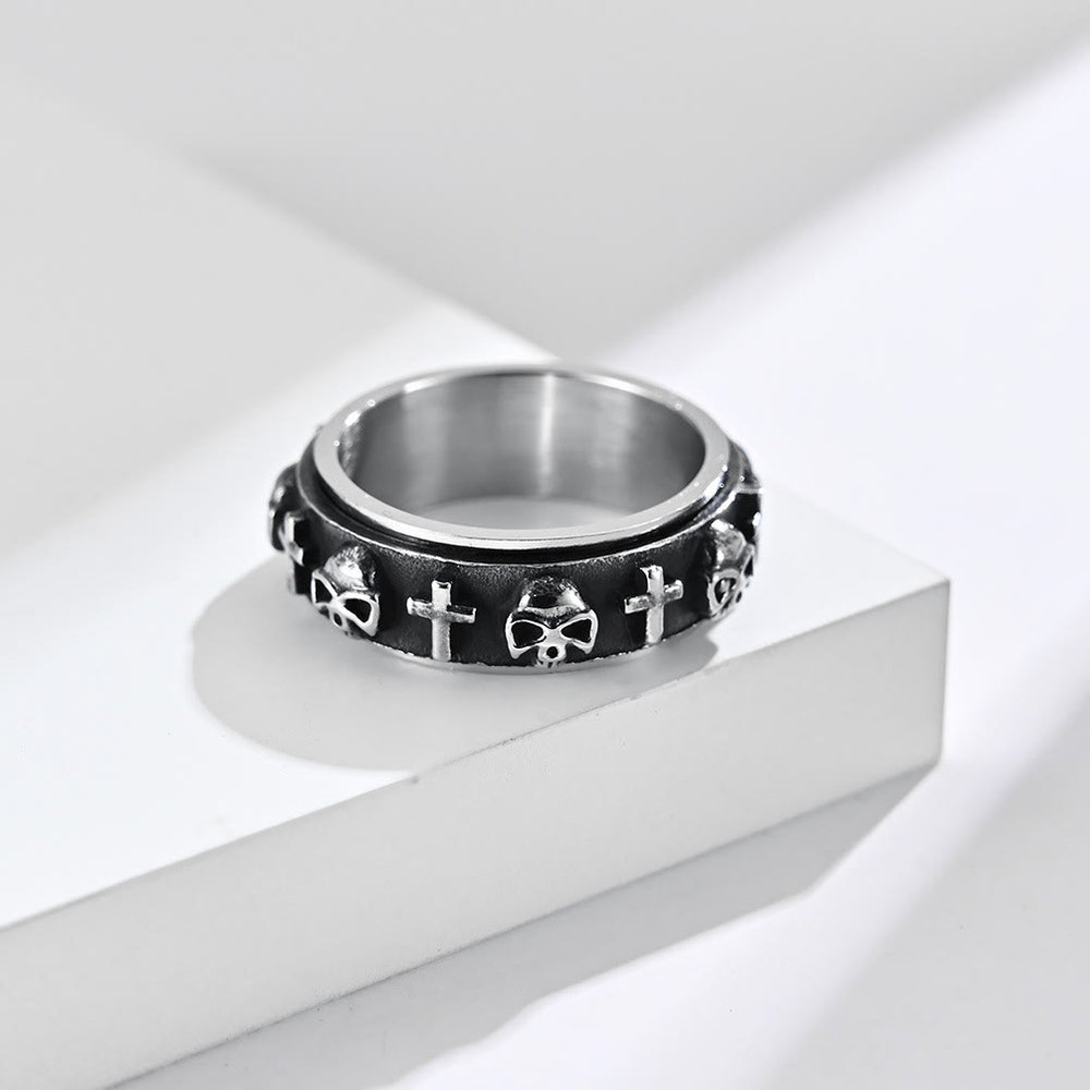 Christianartworkshop Moderner Totenkopf-Kreuz-Spinnerring aus Titanstahl - Retro Silber - US 13 - image 1