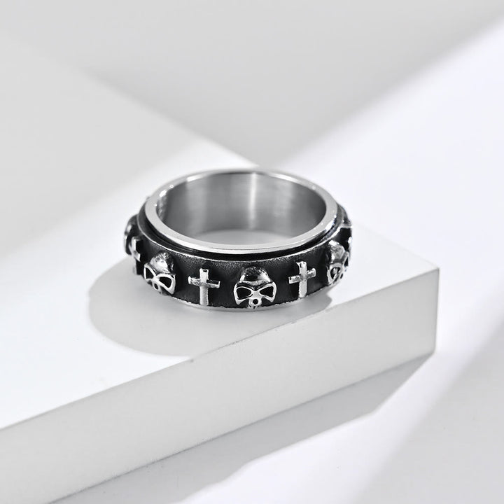 Christianartworkshop Moderner Totenkopf-Kreuz-Spinnerring aus Titanstahl - Retro Silber - US 13 - image 1