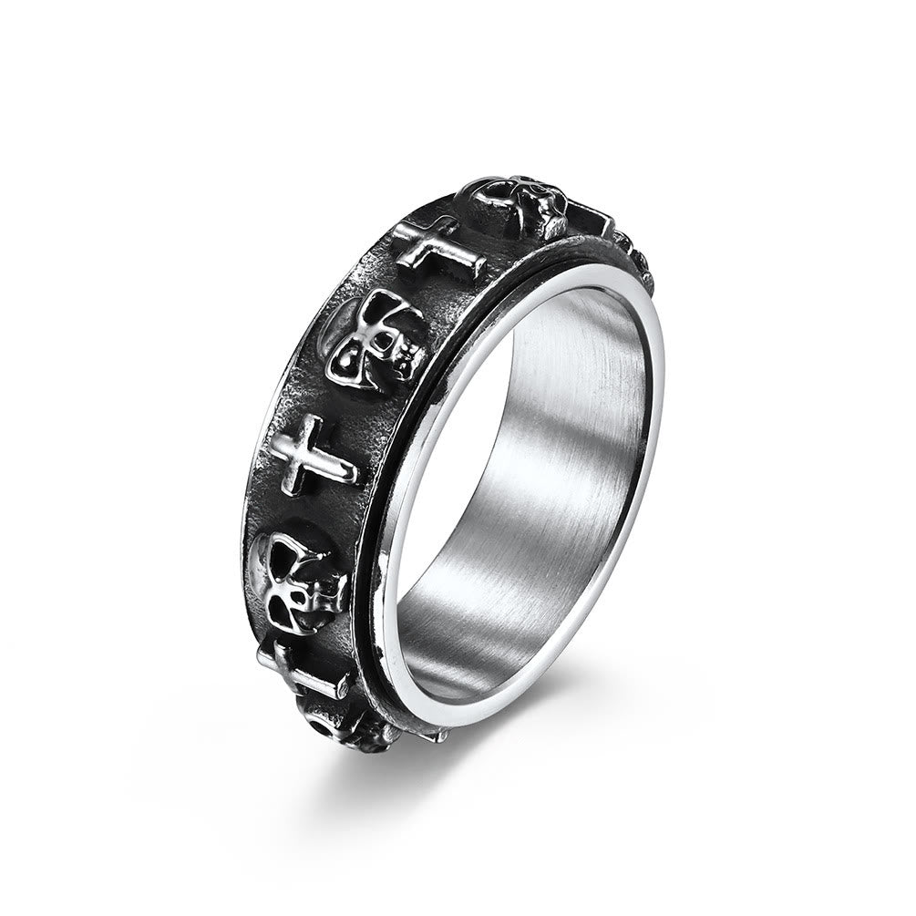 Christianartworkshop Moderner Ring mit Totenkopf-Kreuz und Spinner aus Titanstahl