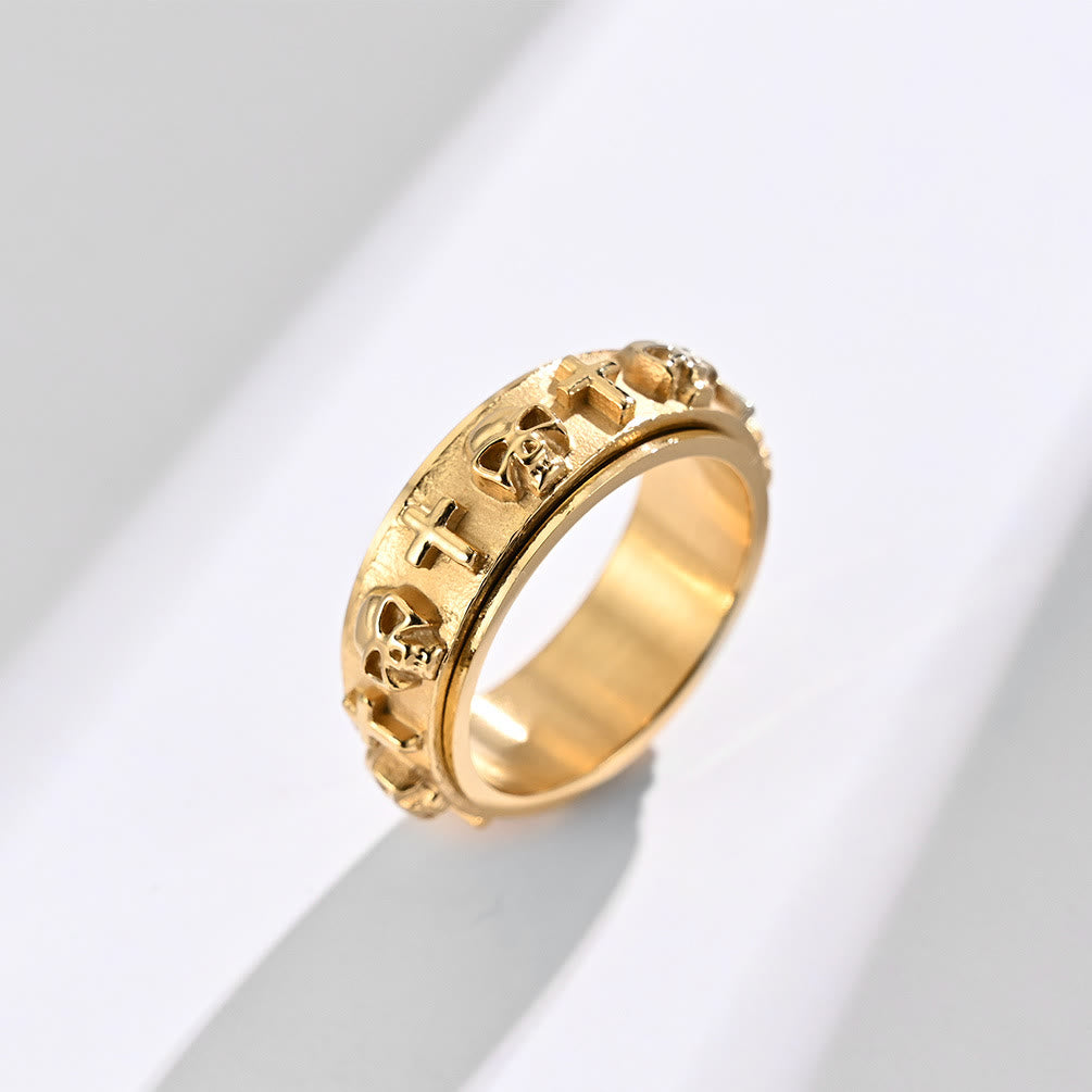 Christianartworkshop Moderner Ring mit Totenkopf-Kreuz und Spinner aus Titanstahl