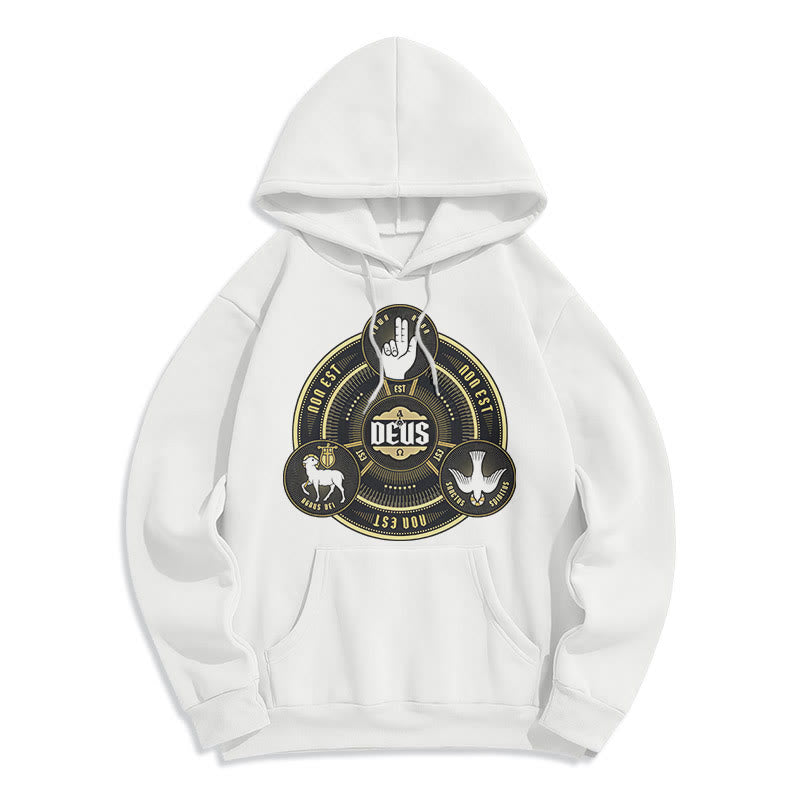 Christianartworkshop Klassischer Hoodie mit dem Emblem der Heiligen Dreifaltigkeit (Deus) – Fleecegefüttert mit Polyester - Weiß - 2XL - image 5
