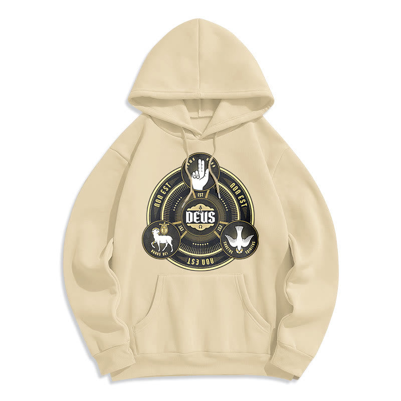 Christianartworkshop Klassischer Hoodie mit dem Emblem der Heiligen Dreifaltigkeit (Deus) – Fleecegefüttert mit Polyester - Beige - 2XL - image 10