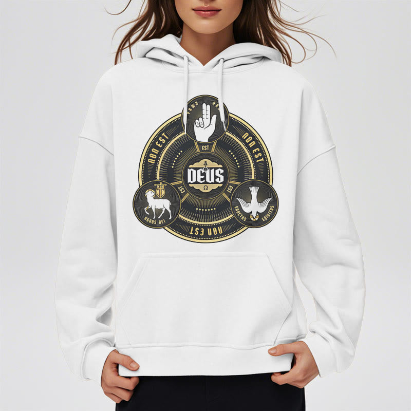 Christianartworkshop Klassischer Hoodie mit dem Emblem der Heiligen Dreifaltigkeit (Deus) – Fleecegefüttert mit Polyester - image 7