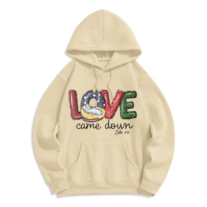 Christianartworkshop Farbiger Stil Love Came Down Weihnachts-Kapuzenpullover aus Polyester mit Fleecefutter