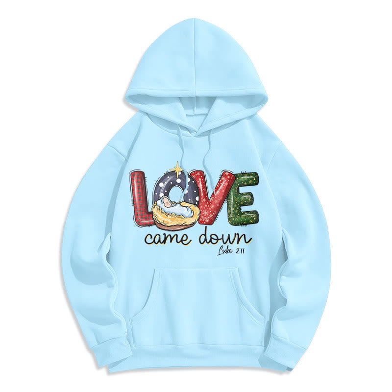 Christianartworkshop Farbiger Stil Love Came Down Weihnachts-Kapuzenpullover aus Polyester mit Fleecefutter