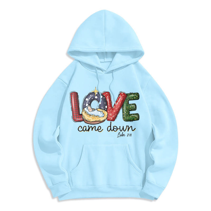 Christianartworkshop Farbiger Stil Love Came Down Weihnachts-Kapuzenpullover aus Polyester mit Fleecefutter