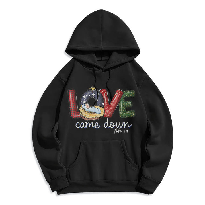 Christianartworkshop Farbiger Stil Love Came Down Weihnachts-Kapuzenpullover aus Polyester mit Fleecefutter