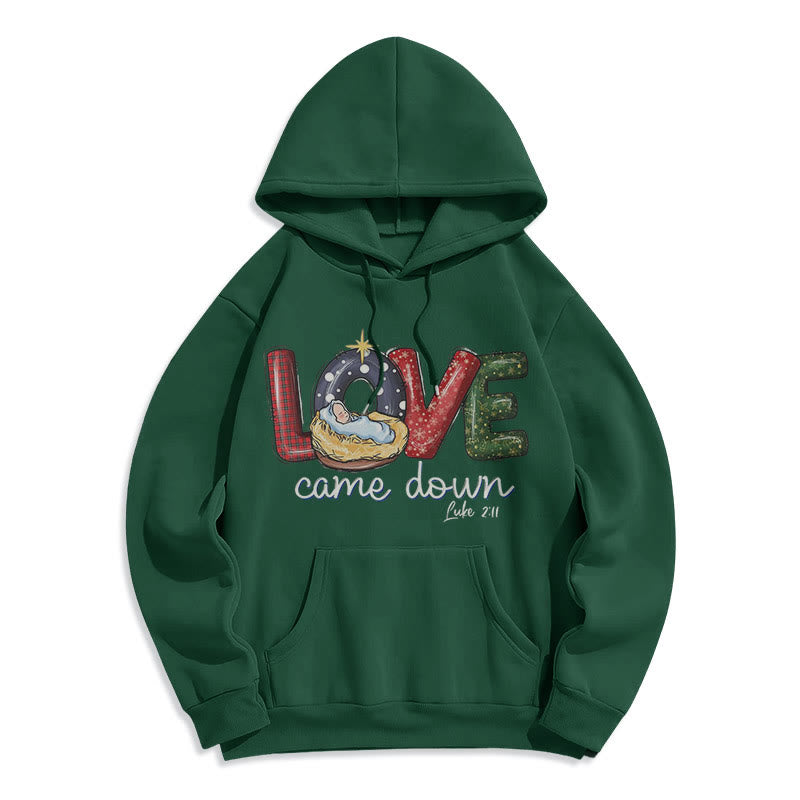 Christianartworkshop Farbiger Stil Love Came Down Weihnachts-Kapuzenpullover aus Polyester mit Fleecefutter