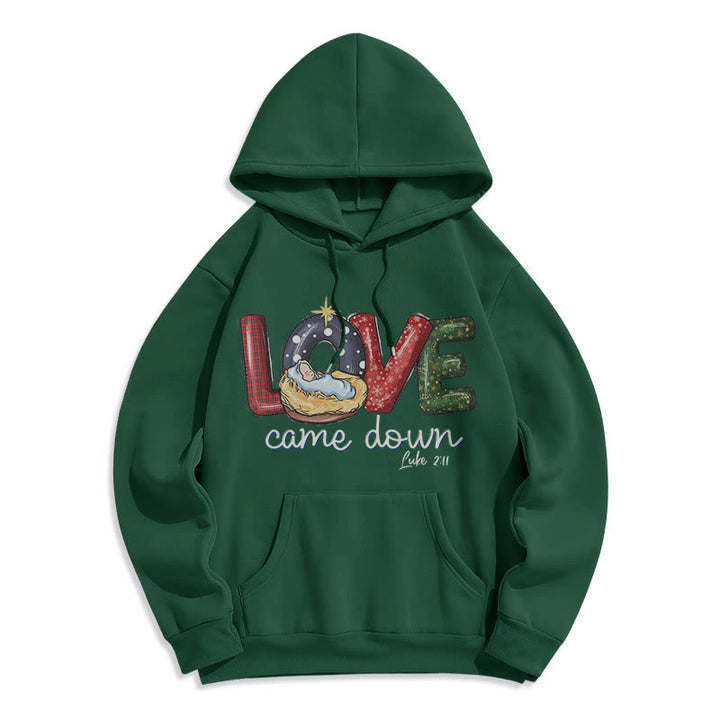 Christianartworkshop Farbiger Stil Love Came Down Weihnachts-Kapuzenpullover aus Polyester mit Fleecefutter