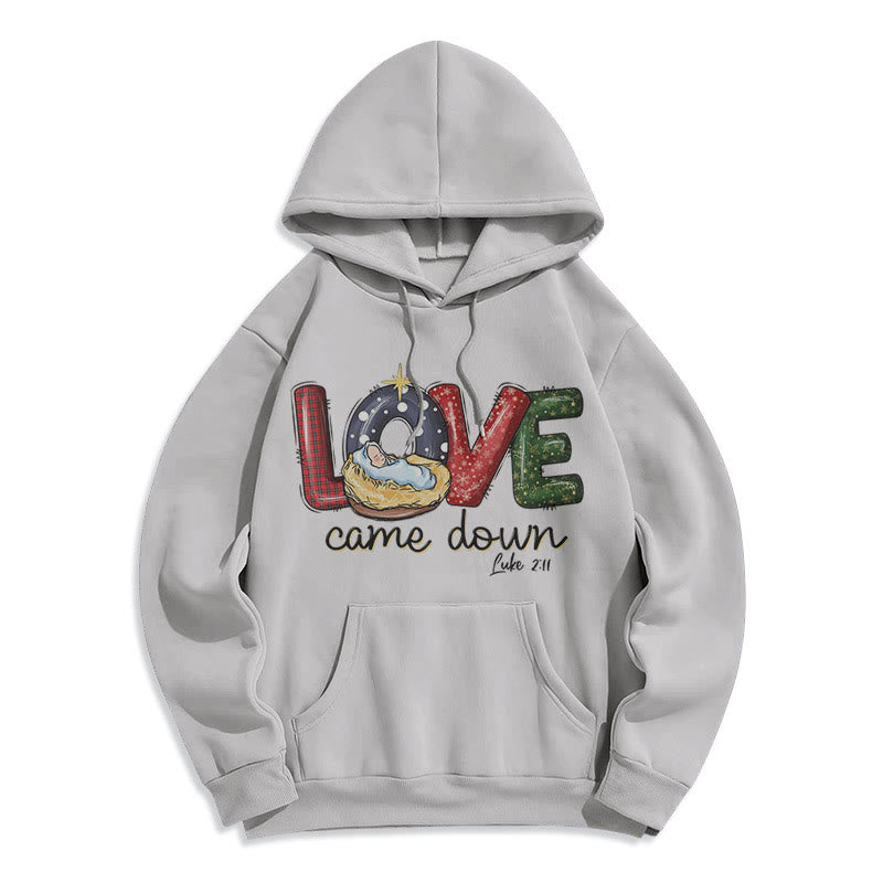 Christianartworkshop Farbiger Stil Love Came Down Weihnachts-Kapuzenpullover aus Polyester mit Fleecefutter