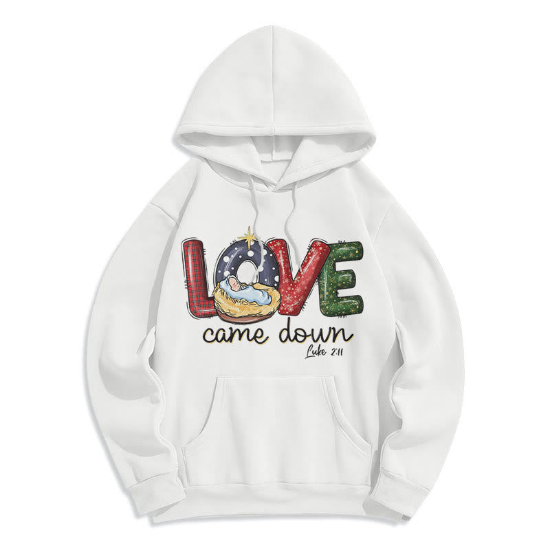Christianartworkshop Farbiger Stil Love Came Down Weihnachts-Kapuzenpullover aus Polyester mit Fleecefutter