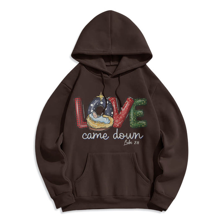 Christianartworkshop Farbiger Stil Love Came Down Weihnachts-Kapuzenpullover aus Polyester mit Fleecefutter