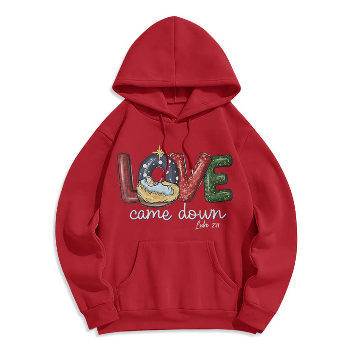 Christianartworkshop Farbiger Stil Love Came Down Weihnachts-Kapuzenpullover aus Polyester mit Fleecefutter