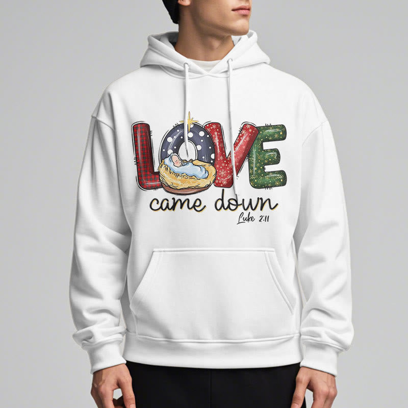 Christianartworkshop Farbiger Stil Love Came Down Weihnachts-Kapuzenpullover aus Polyester mit Fleecefutter