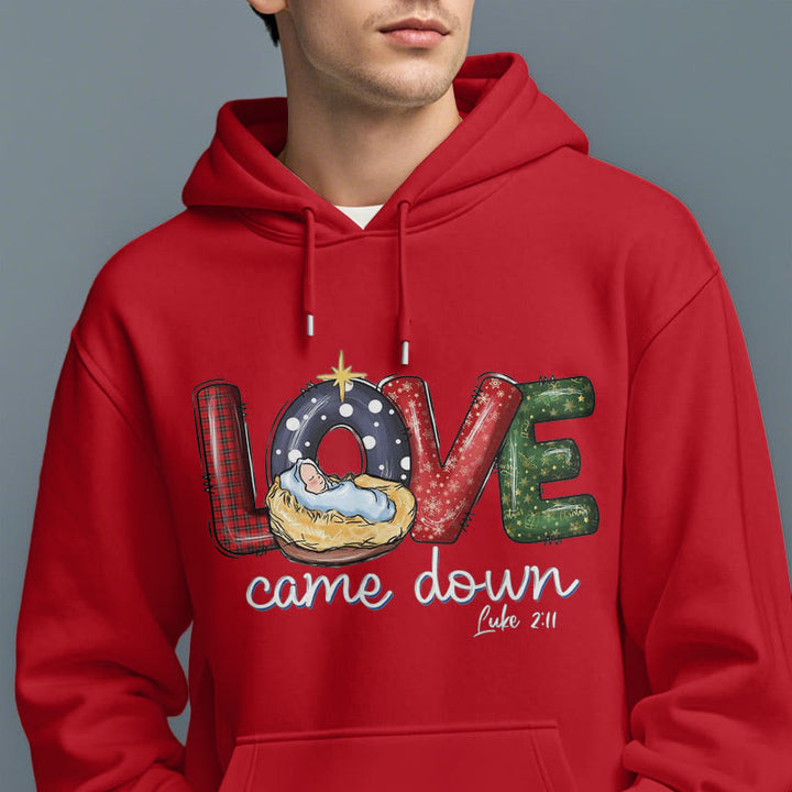 Christianartworkshop Farbiger Stil Love Came Down Weihnachts-Kapuzenpullover aus Polyester mit Fleecefutter