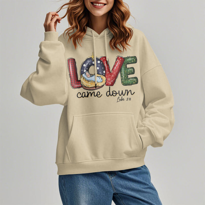 Christianartworkshop Farbiger Stil Love Came Down Weihnachts-Kapuzenpullover aus Polyester mit Fleecefutter