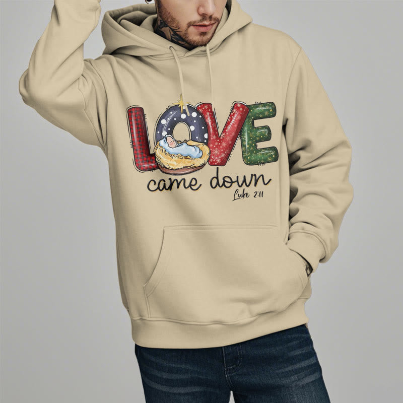 Christianartworkshop Farbiger Stil Love Came Down Weihnachts-Kapuzenpullover aus Polyester mit Fleecefutter
