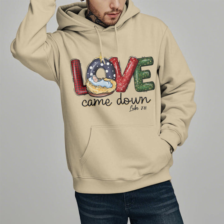 Christianartworkshop Farbiger Stil Love Came Down Weihnachts-Kapuzenpullover aus Polyester mit Fleecefutter
