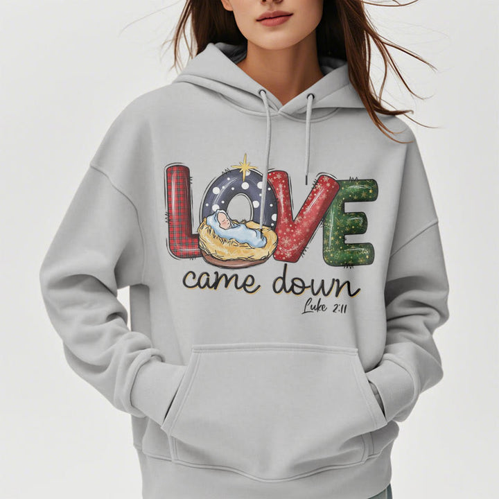 Christianartworkshop Farbiger Stil Love Came Down Weihnachts-Kapuzenpullover aus Polyester mit Fleecefutter