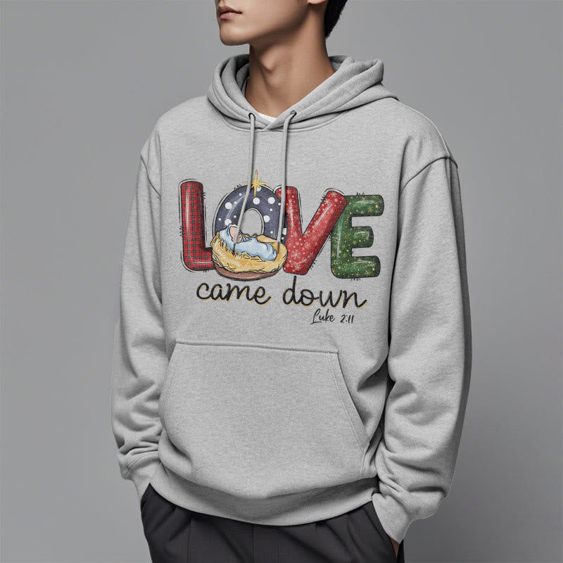 Christianartworkshop Farbiger Stil Love Came Down Weihnachts-Kapuzenpullover aus Polyester mit Fleecefutter
