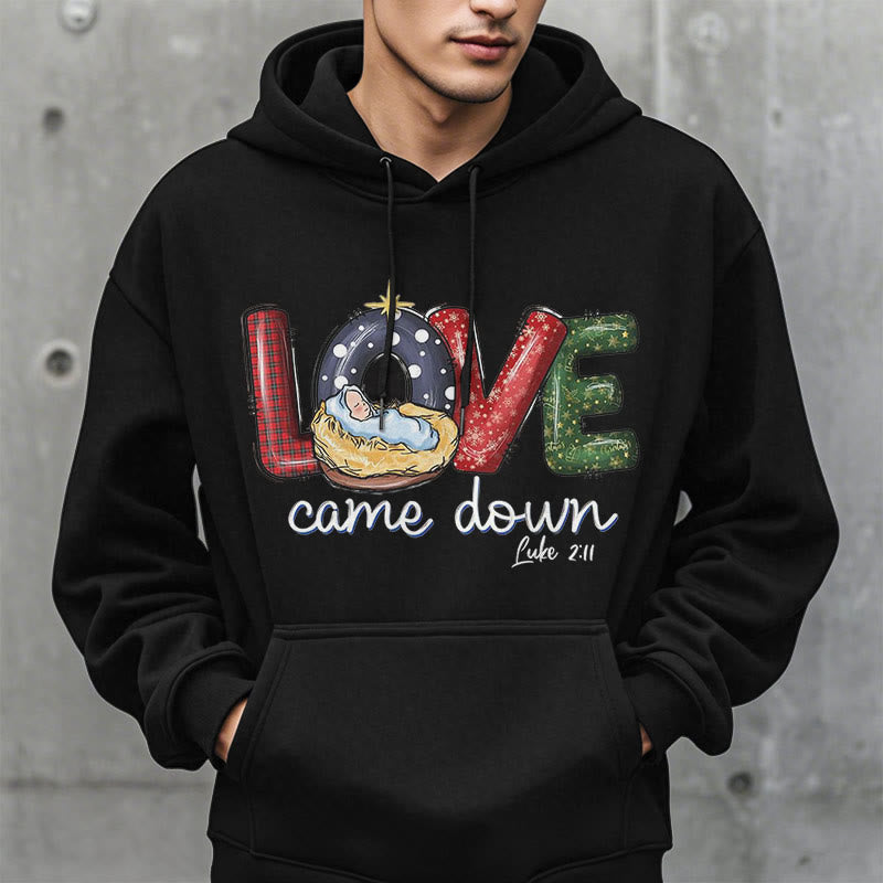 Christianartworkshop Farbiger Stil Love Came Down Weihnachts-Kapuzenpullover aus Polyester mit Fleecefutter