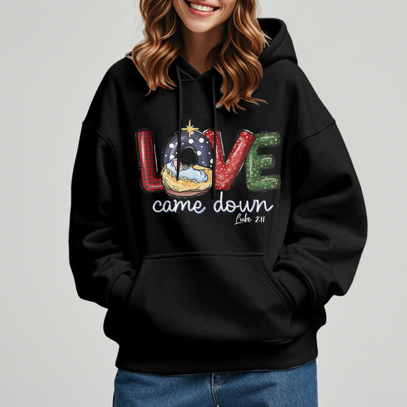 Christianartworkshop Farbiger Stil Love Came Down Weihnachts-Kapuzenpullover aus Polyester mit Fleecefutter