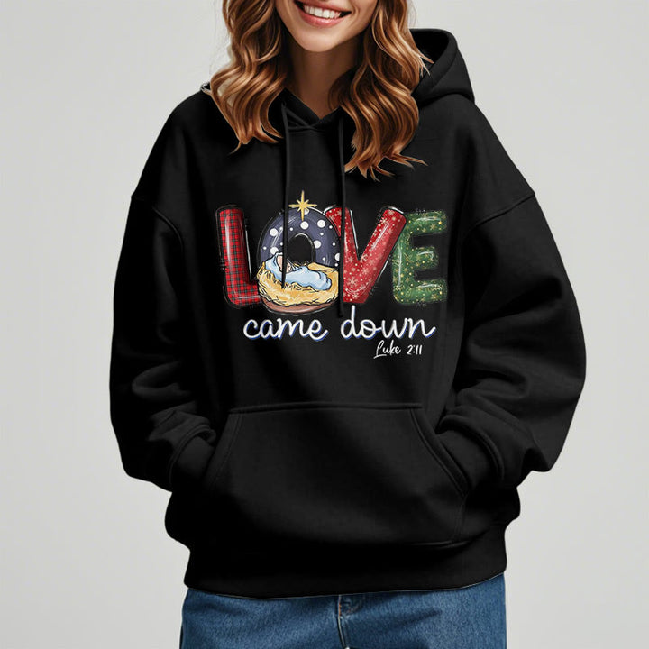 Christianartworkshop Farbiger Stil Love Came Down Weihnachts-Kapuzenpullover aus Polyester mit Fleecefutter