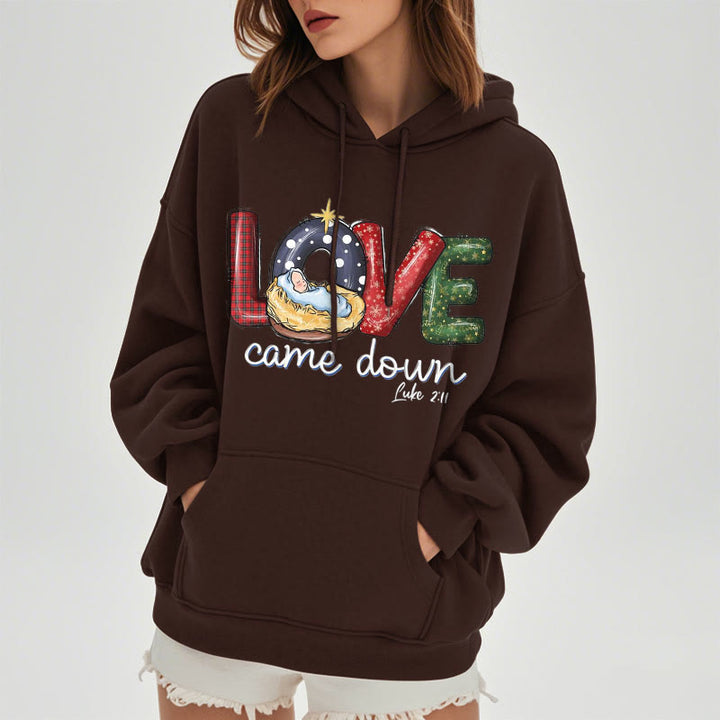 Christianartworkshop Farbiger Stil Love Came Down Weihnachts-Kapuzenpullover aus Polyester mit Fleecefutter