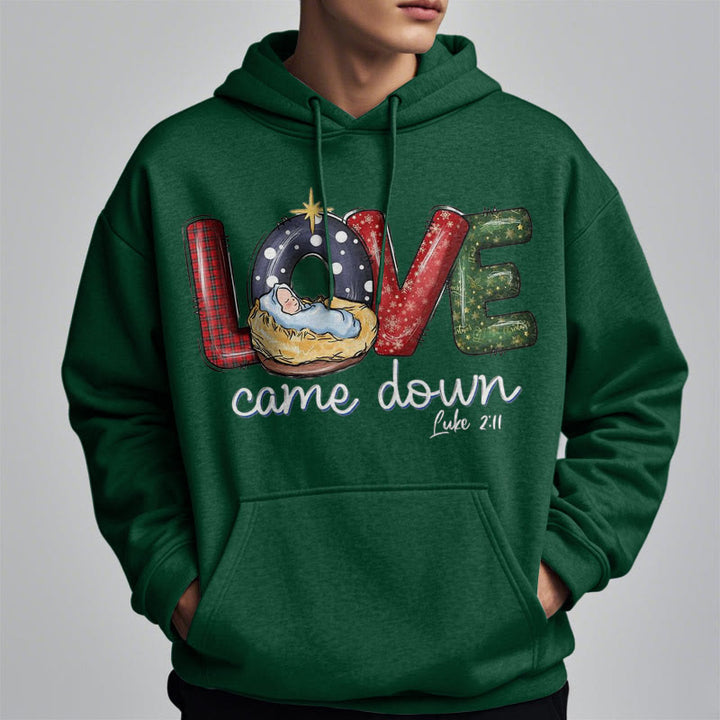 Christianartworkshop Farbiger Stil Love Came Down Weihnachts-Kapuzenpullover aus Polyester mit Fleecefutter