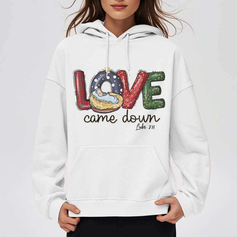 Christianartworkshop Farbiger Stil Love Came Down Weihnachts-Kapuzenpullover aus Polyester mit Fleecefutter