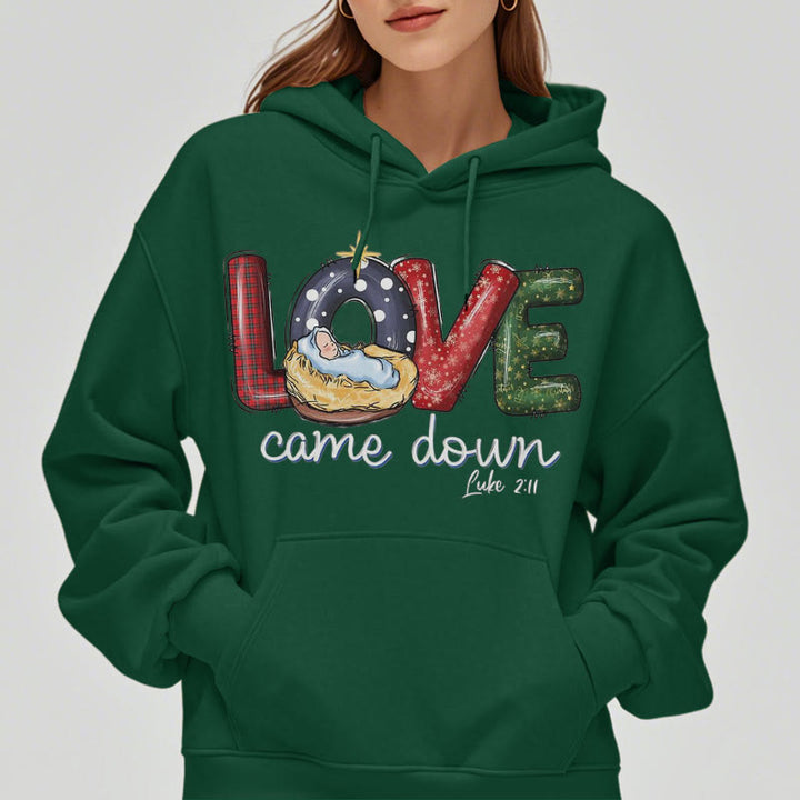 Christianartworkshop Farbiger Stil Love Came Down Weihnachts-Kapuzenpullover aus Polyester mit Fleecefutter