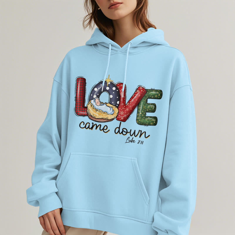 Christianartworkshop Farbiger Stil Love Came Down Weihnachts-Kapuzenpullover aus Polyester mit Fleecefutter