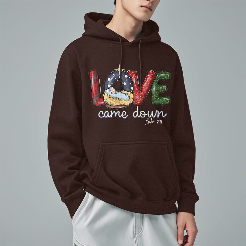 Christianartworkshop Farbiger Stil Love Came Down Weihnachts-Kapuzenpullover aus Polyester mit Fleecefutter