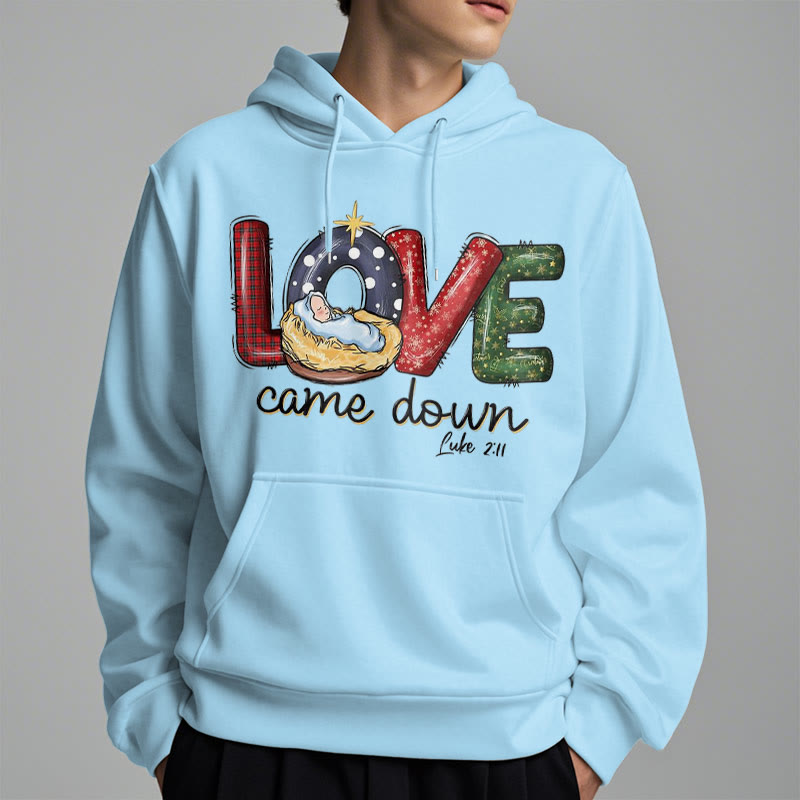 Christianartworkshop Farbiger Stil Love Came Down Weihnachts-Kapuzenpullover aus Polyester mit Fleecefutter