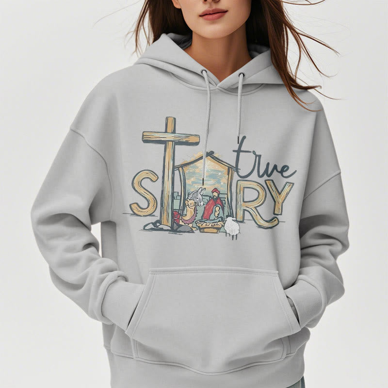 Christianartworkshop Moderner Stil True Story Weihnachtskrippe Fleece-gefütterter Polyester-Kapuzenpullover