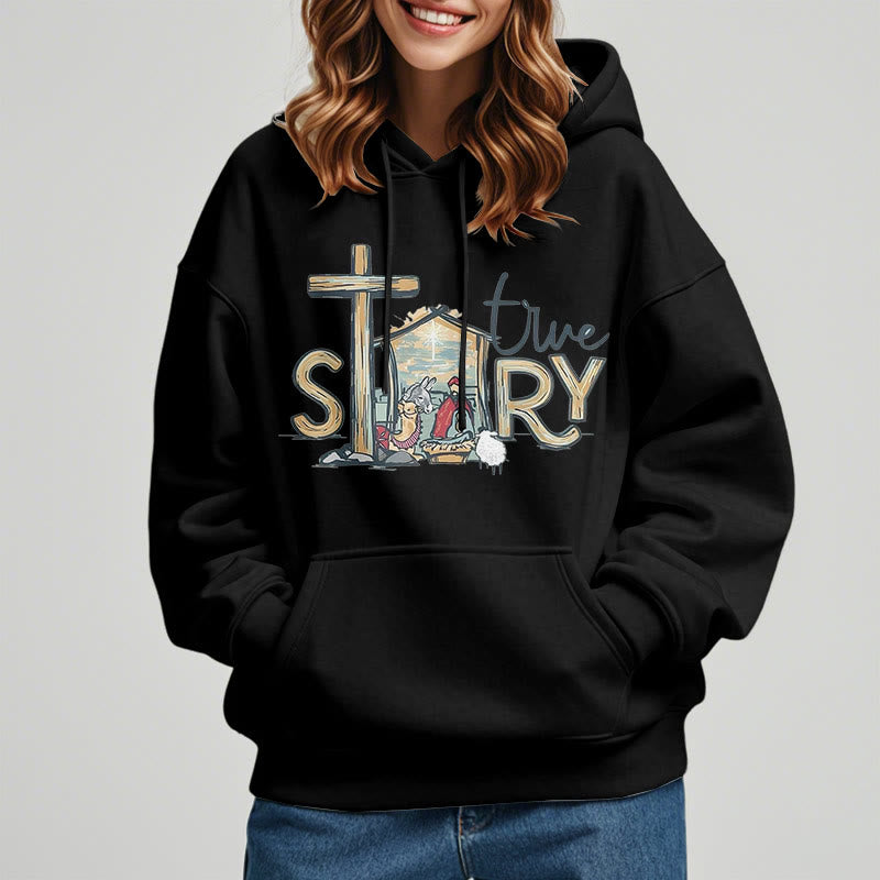 Christianartworkshop Moderner Stil True Story Weihnachtskrippe Fleece-gefütterter Polyester-Kapuzenpullover