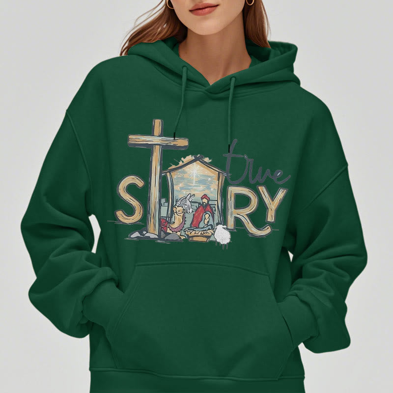 Christianartworkshop Moderner Stil True Story Weihnachtskrippe Fleece-gefütterter Polyester-Kapuzenpullover