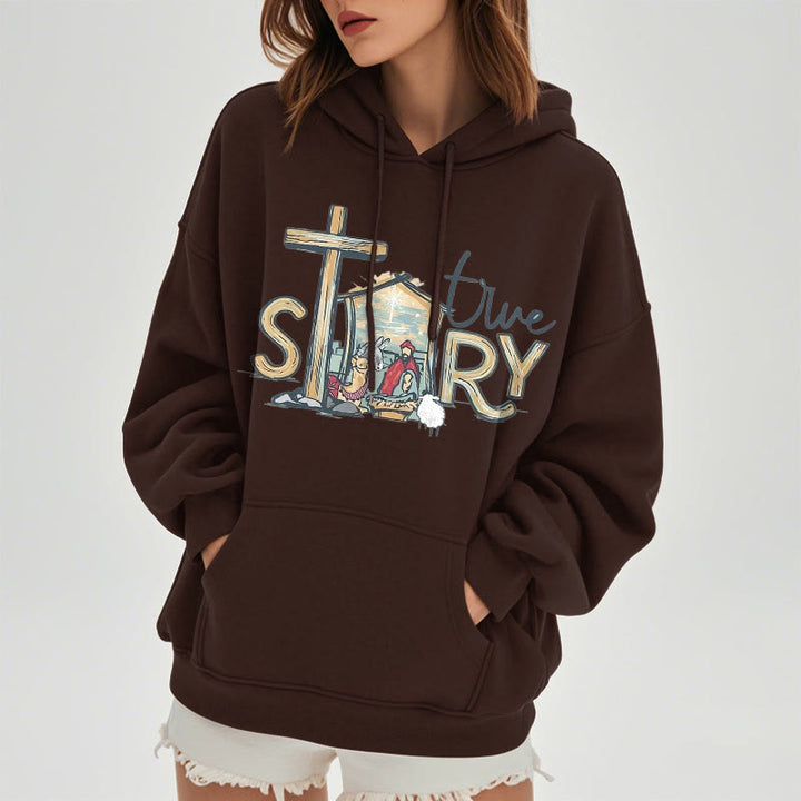 Christianartworkshop Moderner Stil True Story Weihnachtskrippe Fleece-gefütterter Polyester-Kapuzenpullover