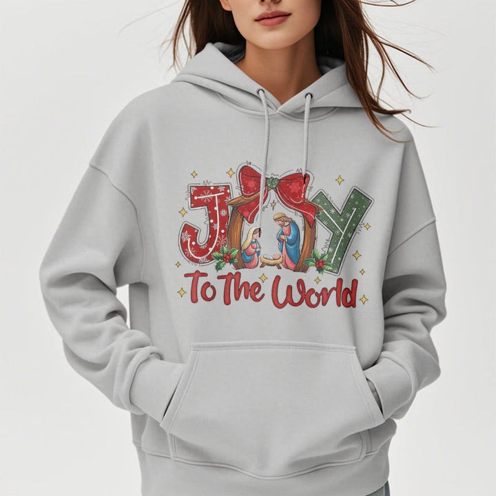 Christianartworkshop Farbiger Stil „Joy To The World“-Krippenszene, mit Fleece gefütterter Polyester-Kapuzenpullover