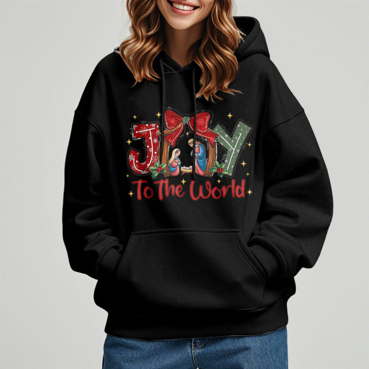 Christianartworkshop Farbiger Stil „Joy To The World“-Krippenszene, mit Fleece gefütterter Polyester-Kapuzenpullover