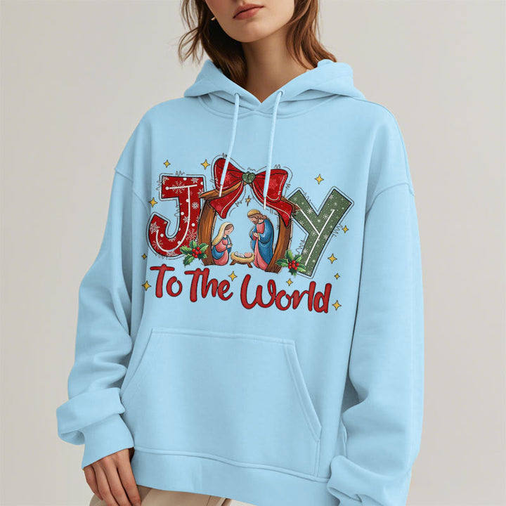 Christianartworkshop Farbiger Stil „Joy To The World“-Krippenszene, mit Fleece gefütterter Polyester-Kapuzenpullover