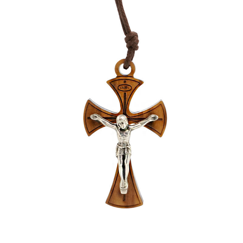 Christianartworkshop Halskette mit Kruzifix-Kreuz-Anhänger im klassischen Stil aus Olivenholz