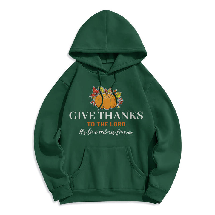 Christianartworkshop Moderner Stil „Give Thanks to the Lord“ – Kürbis-Kapuzenpullover aus Polyester mit Fleecefutter
