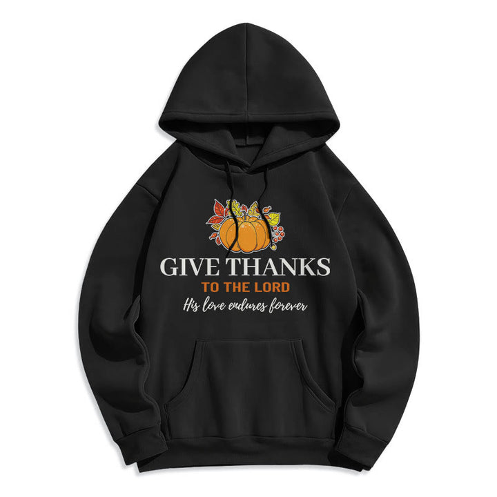 Christianartworkshop Moderner Stil „Give Thanks to the Lord“ – Kürbis-Kapuzenpullover aus Polyester mit Fleecefutter
