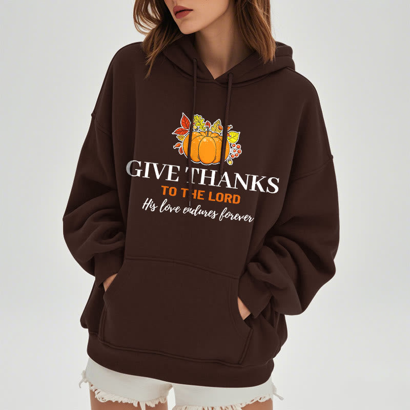Christianartworkshop Moderner Stil „Give Thanks to the Lord“ – Kürbis-Kapuzenpullover aus Polyester mit Fleecefutter