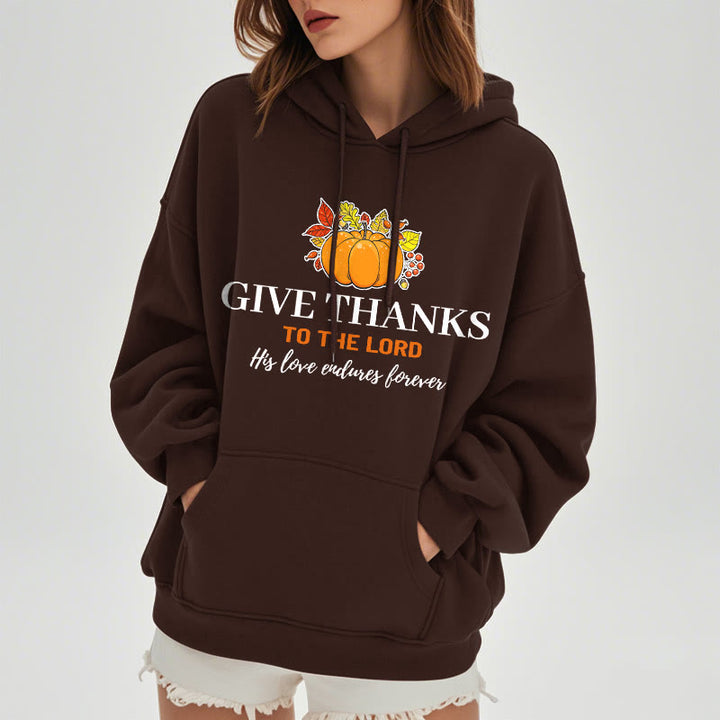 Christianartworkshop Moderner Stil „Give Thanks to the Lord“ – Kürbis-Kapuzenpullover aus Polyester mit Fleecefutter